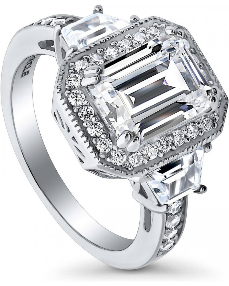 Sterling Silver Halo Wedding Engagement Rings Emerald Cut Cubic Zirconia CZ Statement Ring for Women, Rhodium Plated Size 4-1...