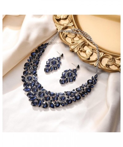 Wedding Jewelry Set for Bridal Bride, Rhinestone Crystal Vintage Floral Leaf Vine Necklace Earrings Set for Women Navy Blue $...