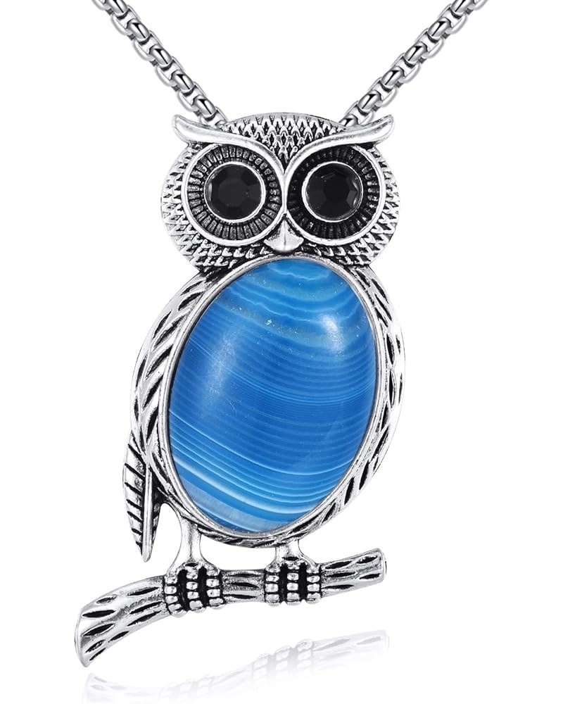 Owl Necklace Stainless Steel Owl Pendant Gemstone Necklace Vintage Owl Jewelry Gifts for Women Girls Blue Agate $9.44 Necklaces