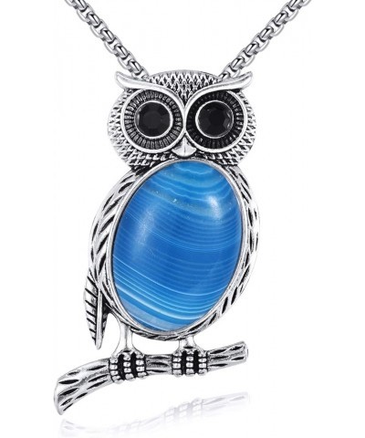 Owl Necklace Stainless Steel Owl Pendant Gemstone Necklace Vintage Owl Jewelry Gifts for Women Girls Blue Agate $9.44 Necklaces