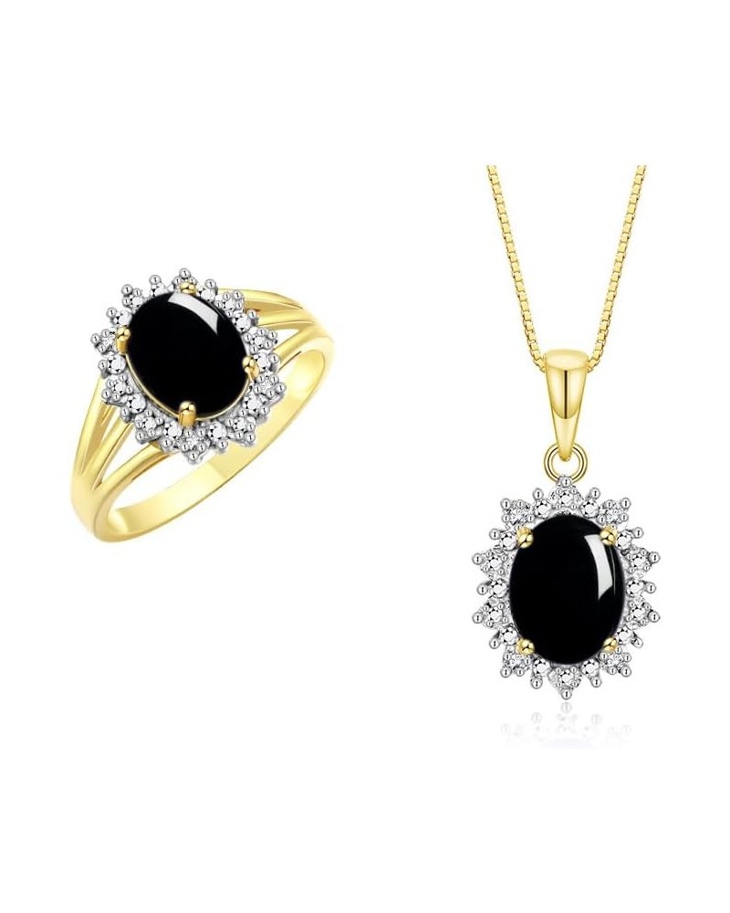 Women's Yellow Gold Plated Silver Princess Diana Ring & Pendant Set. Gemstone & Diamonds, 9X7MM Birthstone. 2 PC Perfectly Ma...