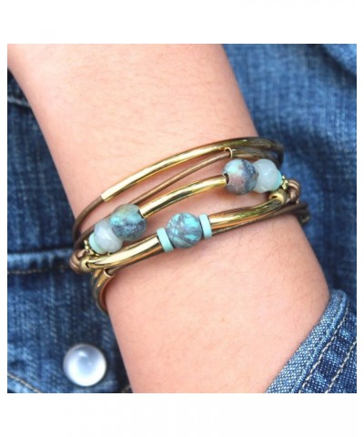 Kerry Leather & Gold Wrap Bracelet with Semi Precious African Turquoise Beads and 2 Metallic Bronze Leather Strands SMALL $45...