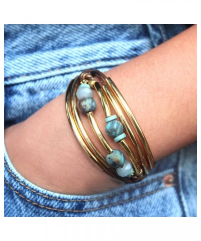 Kerry Leather & Gold Wrap Bracelet with Semi Precious African Turquoise Beads and 2 Metallic Bronze Leather Strands SMALL $45...