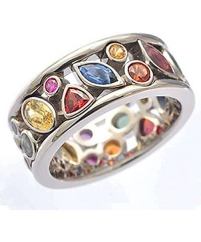 Retro 925 Sterling Silver Rainbow Gem Multicolored Crystal Ring AAA Cubic Zirconia Boho Statement Band Ring for Women, Geomet...