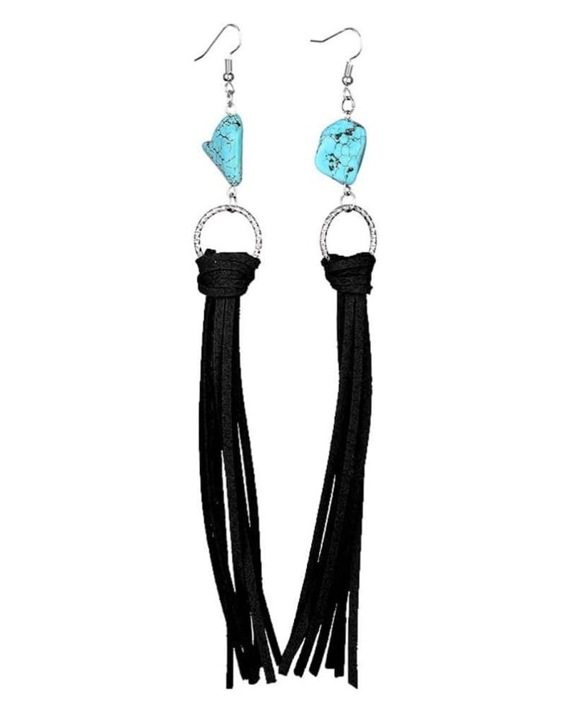 Retro Long Fringe Leather Earrings Western Bohemian Turquoise Leather Tassel Dangle Earrings for Women Black $4.50 Earrings