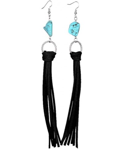 Retro Long Fringe Leather Earrings Western Bohemian Turquoise Leather Tassel Dangle Earrings for Women Black $4.50 Earrings