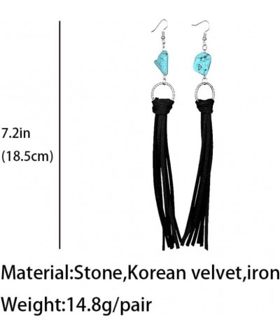 Retro Long Fringe Leather Earrings Western Bohemian Turquoise Leather Tassel Dangle Earrings for Women Black $4.50 Earrings