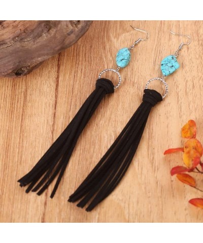 Retro Long Fringe Leather Earrings Western Bohemian Turquoise Leather Tassel Dangle Earrings for Women Black $4.50 Earrings