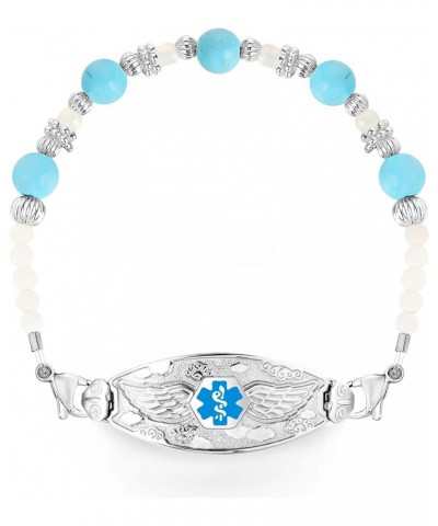 Jen Medical Alert Bracelet for Women with Free Engraving and Pearl & Turquoise Beads –Various Styles/Size Angel Wing-Light Bl...