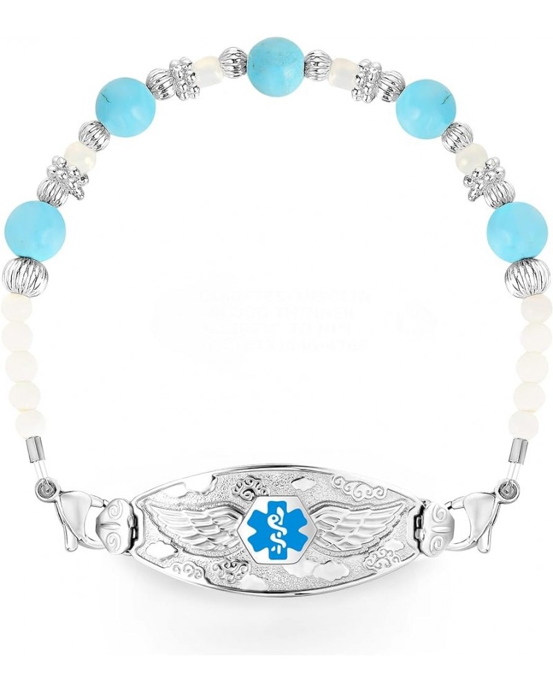 Jen Medical Alert Bracelet for Women with Free Engraving and Pearl & Turquoise Beads –Various Styles/Size Angel Wing-Light Bl...