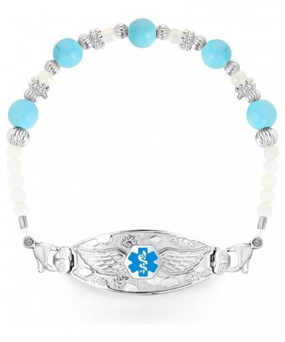 Jen Medical Alert Bracelet for Women with Free Engraving and Pearl & Turquoise Beads –Various Styles/Size Angel Wing-Light Bl...