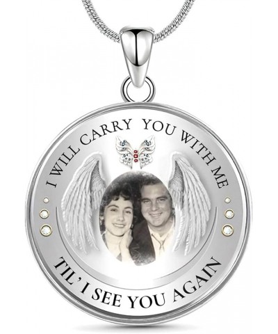 Personalized Photo Memorial Necklace Customized Picture Pendant With Angel Wings Sterling Silver for Women Men I Will Carry Y...