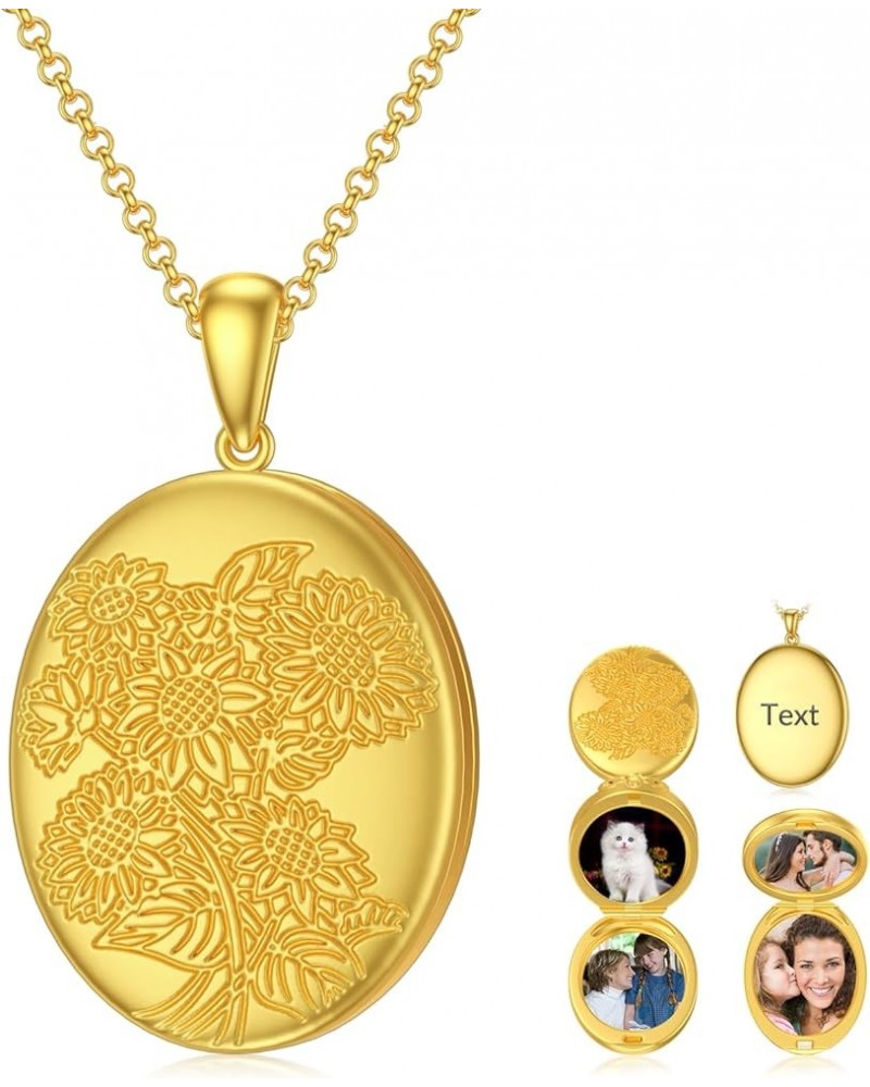 10K 14K 18K Solid Gold/Plated Gold Oval Locket That Holds Pictures Personalized Oval Sunflower/Starburst/Rose Locket With Sol...