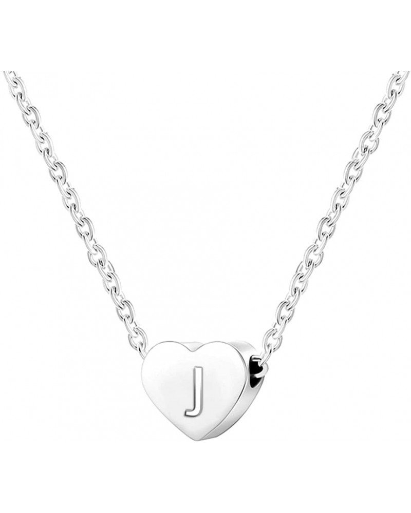 Stainless Steel Heart Shaped Alphabet Initial Letters Charm Collar Statement Pendant Necklace Silver-J $7.66 Necklaces