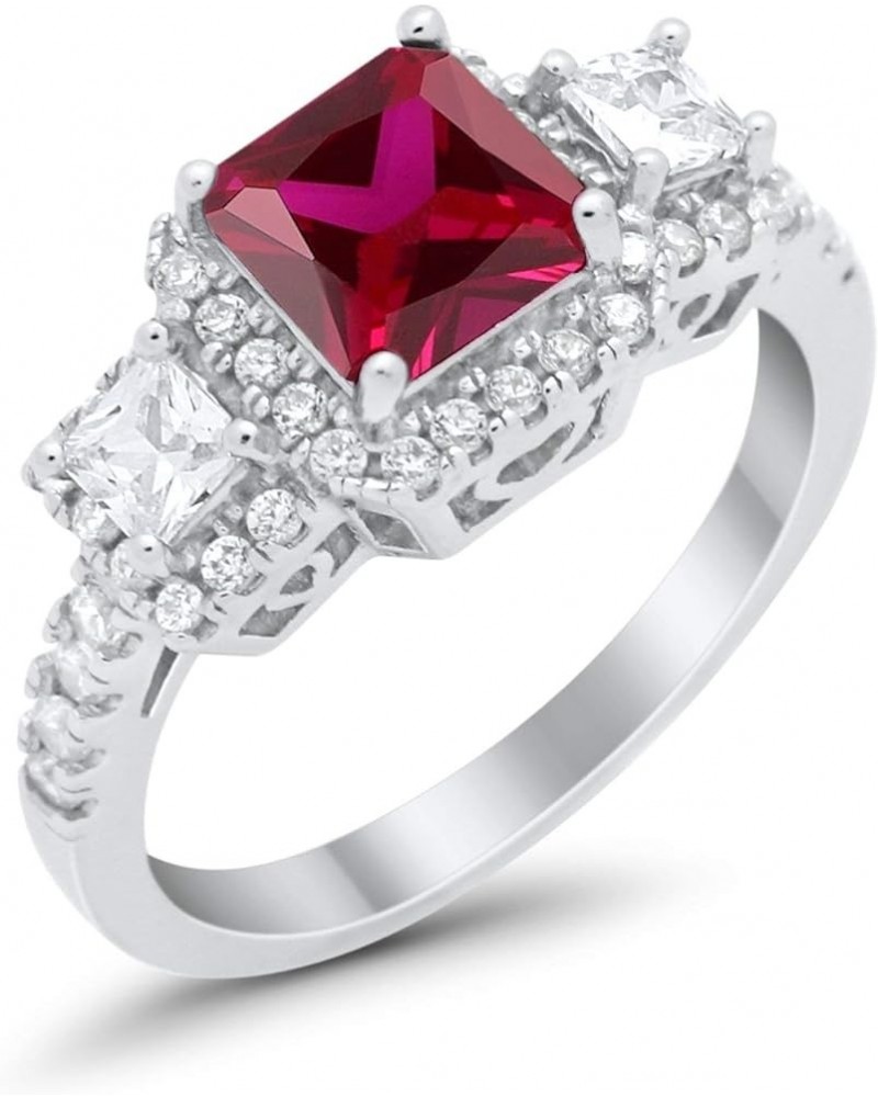 Three Stone Princess Cut Wedding Engagement Promise Ring Simulated Cubic Zirconia 925 Sterling Silver Simulated Ruby CZ $13.7...