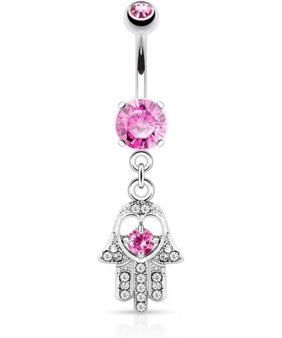 14GA Stainless Steel CZ Crystal Hamsa Hand Dangling Belly Button Ring Pink $9.21 Body Jewelry