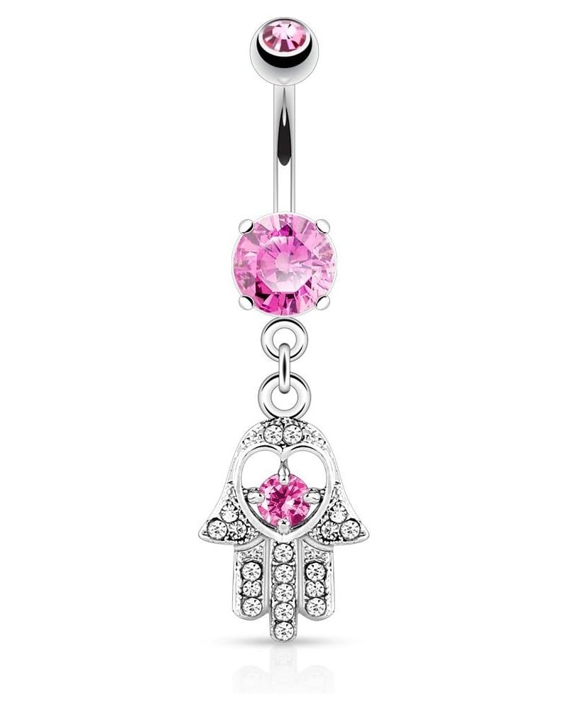 14GA Stainless Steel CZ Crystal Hamsa Hand Dangling Belly Button Ring Pink $9.21 Body Jewelry